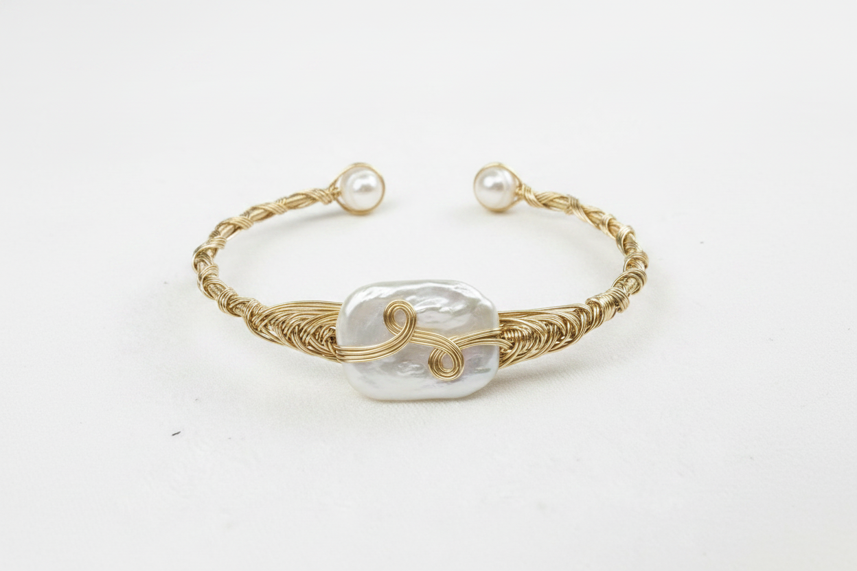 Pearl Bangle  with  Freshwater Baroque pearl gift  (1 King Pearl + 1 Edison Pearl) [Open in live]｜Freshwater  Pearl Bangle Adjustable